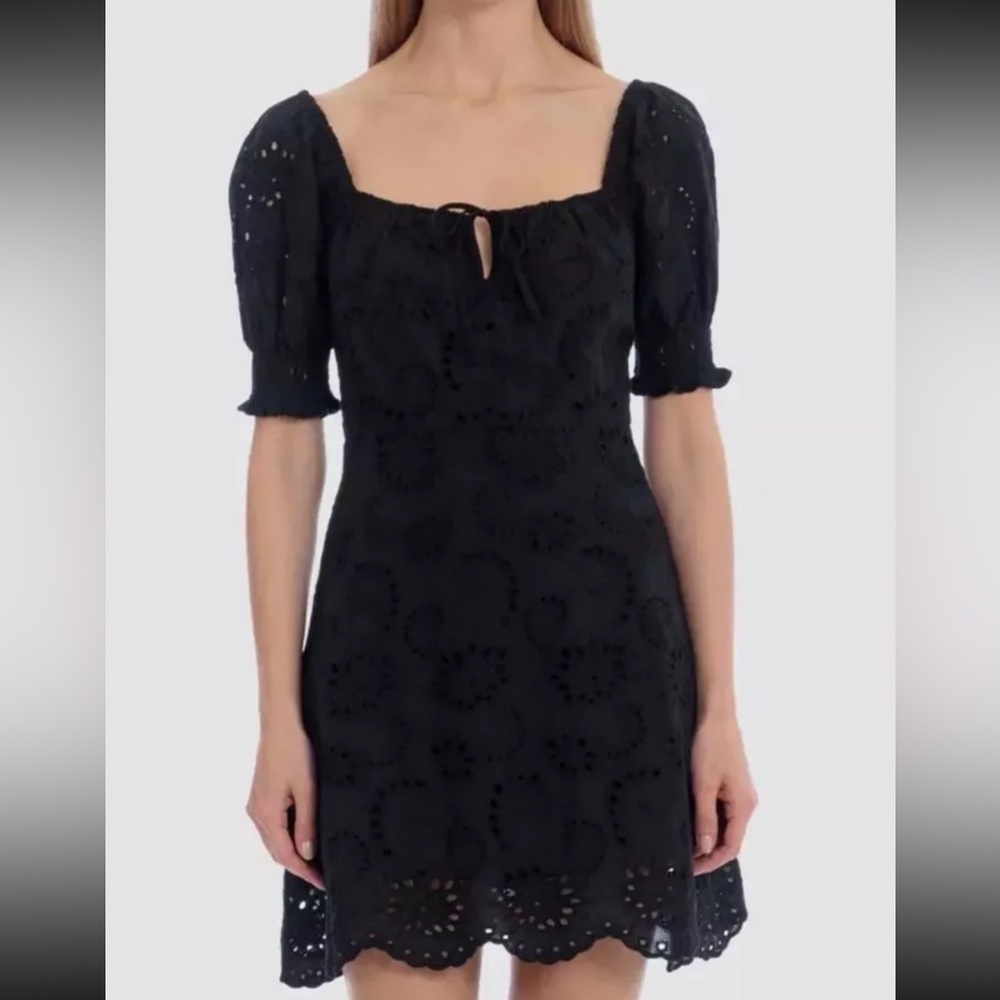 7 For All Mankind Black Black Eyelet Puff Sleeve Mini Dress Lined Size XS